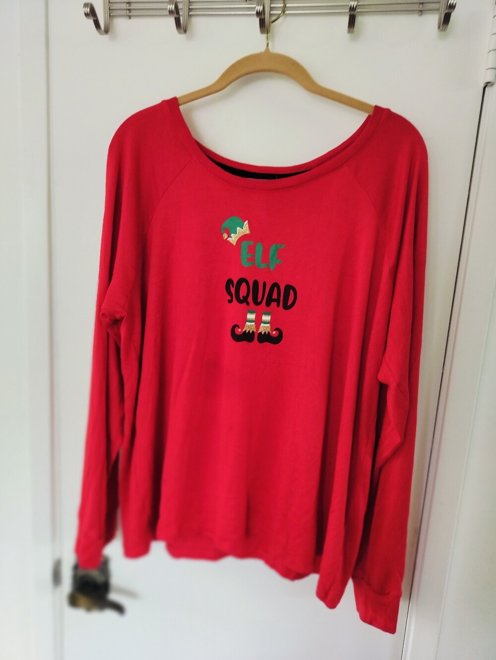 Seventh Avenue Red "Elf Squad" Holiday Christmas Long Sleeve Graphic Top Size XL